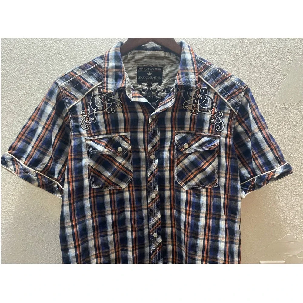 POP ICON CLOTHING Men Plaid Short Sleeve Shirt Western Pearl Snap Size M